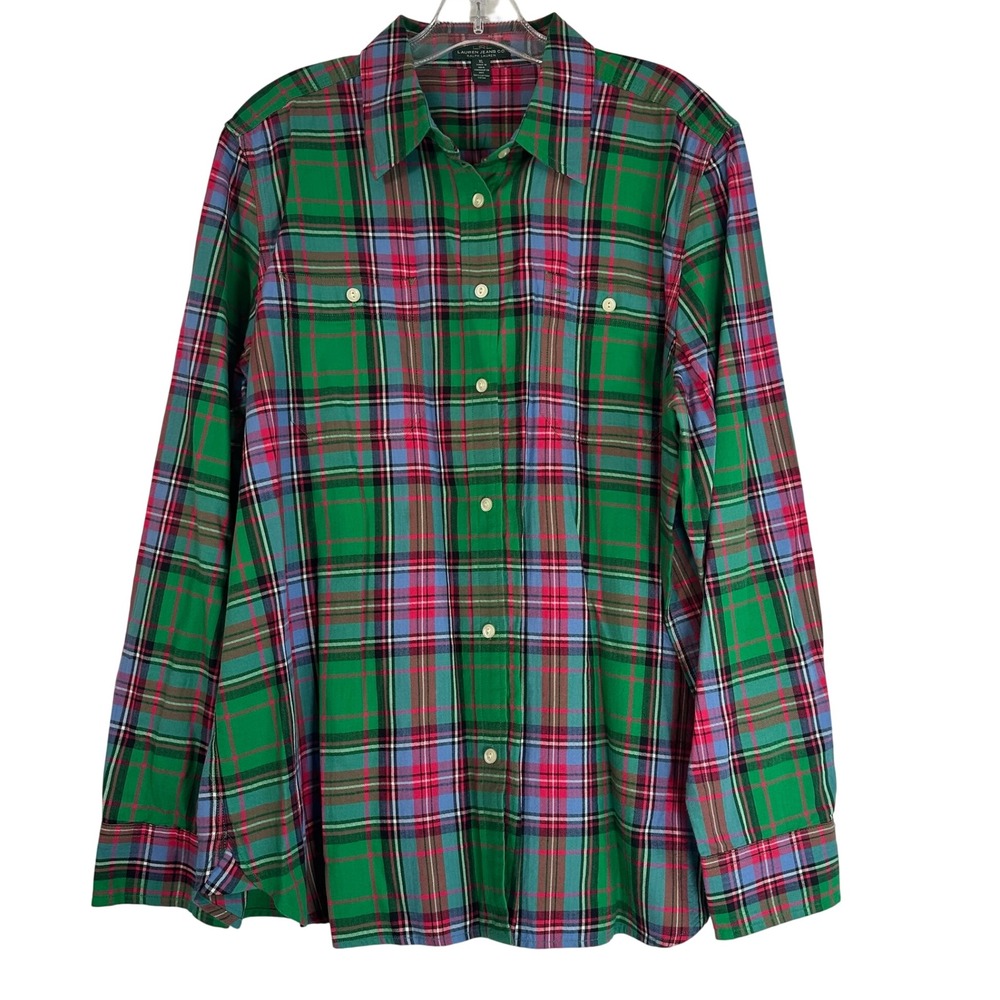 Lauren Ralph Lauren Green Plaid Cotton Button Down Shirt XL Long Sleeve LRL